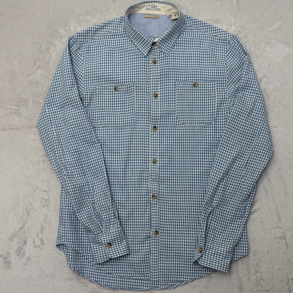 Scotch & Soda 100% Cotton Blue Gingham Work Shirt Large cuff straps slim
